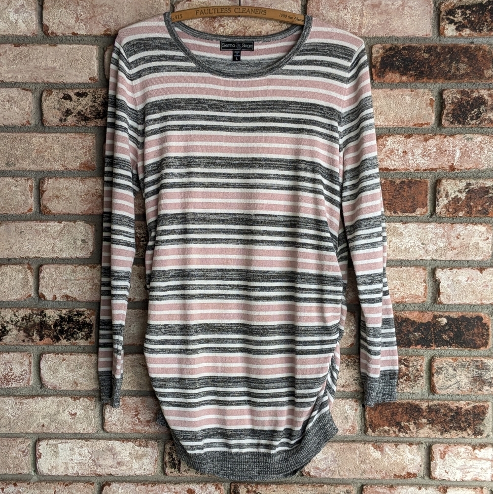🩷 Sienna Sage Pink White & Grey Long Striped Lightweight Sweater L